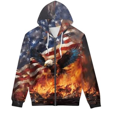 ENLACHIC Unisex 3D Novelty Zip up Hoodie Cool American Flag Eagle Print Graphic Hoodies Pullover Hooded Sweatshirts,XL