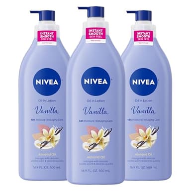 NIVEA Oil Infused Vanilla and Almond Oil Body Lotion for Women, Fast-Absorbing and Non-Greasy Vanilla Scented Lotion Moisturizes for 48 Hours, 16.9 Fl Oz Pump Bottle, Pack of 3