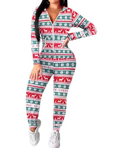 Ekouaer Christmas Onesie for Women Hooded Jumpsuit Long Sleeve Zip Up One Piece Pajamas Novelty Sleepwear Christmas Snowflakes&elk S