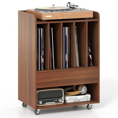 Giantex Record Player Stand, Rolling Turntable Stand with Drawer & Lockable Wheels, Record Player Table Holds Up to 150 Albums, Vinyl Record Storage for Living Room Bedroom, Walnut