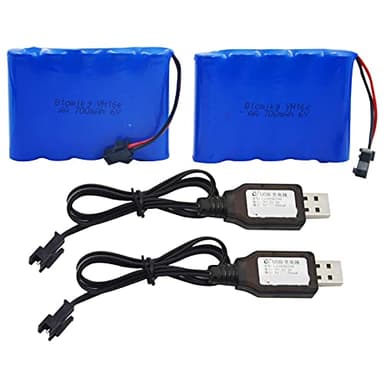 Blomiky 2 Pack 6.0V 700mAh Ni-CD AA Rechargeable Battery Pack SM2P Plug and 2 USB Cable Fit for Old Version 11.5Inch Amphibious Stunt RC Cars Vehicles / 6V 700mAH and USB 2