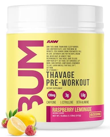 RAW Pre Workout Powder, Thavage (Raspberry Lemonade) - Chris Bumstead Sports Nutrition Supplement for Men & Women - Cbum Pre Workout for Working Out, Hydration, Mental Focus & Energy - 40 Servings