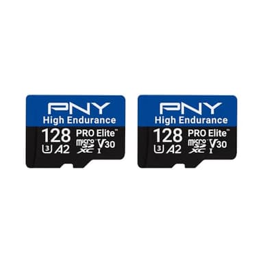 PNY 128GB PRO Elite™ High Endurance C10 U3 V30 A2 microSDXC – Up to 34.4K Continuous Recording Hours, Up to 100/90MB/s Read/Write, 4K UHD, Full HD, UHS-I, Surveillance, Home Security, Dash Cam, 2-Pack