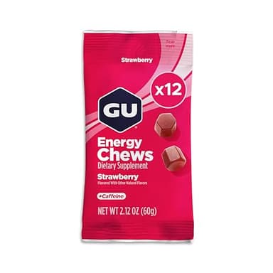 GU Energy Chews, Strawberry Energy Gummies with Electrolytes, Vegan, Gluten-Free, Kosher, 20 mg of Caffeine, and Dairy-Free On-the-Go Energy for Any Workout, 12 Bags (24 Servings Total)