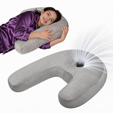 Nockovi Ear Piercing Pillow - Side Sleeper Body Pillow with Ear Hole for Pain Relief, J-Shaped Ergonomic Support, 20x26 Inches (Grey)