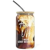 16 oz Iced Coffee Cup with Bamboo Lids and Straws | Mason Jar Cups & Iced Coffee Tumbler with Lid and Straw | Glass Cups for Iced Coffee, Boba Cup | Beer Can Glass & Smoothie Cup - Good Morning