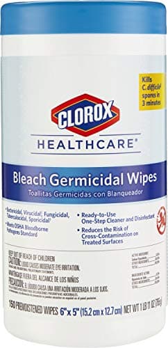 Clorox Healthcare Bleach Germicidal Wipes, 6" x 5", 150 Count Canister (Package May Vary)