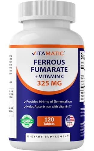 Vitamatic Ferrous Fumarate 325 mg + Vitamin C 100 mg (104 mg Elemental Iron) – High Potency Iron Supplement – Gentle on Stomach, 120 Coated Tablets, Made in USA