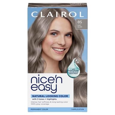Clairol Nice'n Easy Permanent Hair Dye, 8S Soft Silver | 100% Gray Coverage | Long‑Lasting, Natural‑Looking Color & Shine | Pack of 1