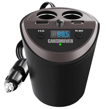 Car and Driver Smart FM Transmitter Bluetooth Cup Holder, Compatible with Alexa, Siri, and Google Assistant for Car, Dual USB-A and USB-C PD Fast-Charging Ports and Cigarette Lighter 12V Power Sockets