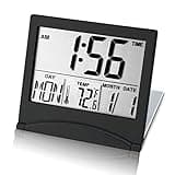 KANBIT Small Digital Travel Alarm Clock Battery Operated, Portable Large Number Display Alarm Clock with Date & Temperature,12/24 H Small Desk Clock-Black(No Light)