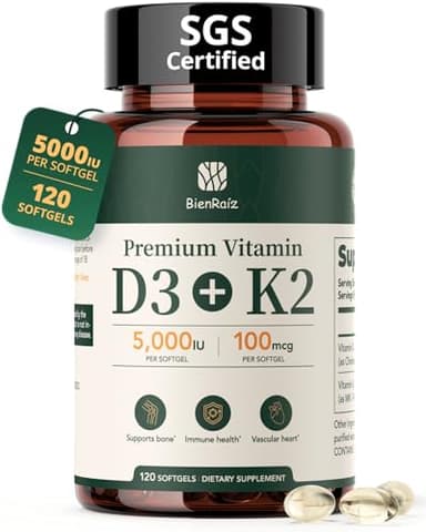 BienRaíz Vitamin D3 K2 5000IU 100mcg MK-7, 120 Softgels, 2-in-1 K2 D3 Vitamin Supplement for Bone Health, Immune Support, Better Calcium Absorption, Easy to Swallow, One Daily, 120 Day Supply