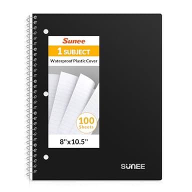 SUNEE Spiral Notebook, 1-Subject, Wide Ruled Paper, 8" x 10-1/2", 100 Sheets per Notebook, 3-Hole Punched Paper, Water Resistant Cover, Double-sided Pockets, Spiral Lined Notebooks for School, Black