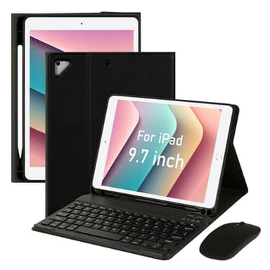for iPad Pro 9.7 inch Case with Keyboard and Mouse for iPad 2018 (6th Gen)/ 2017 (5th Gen), 2016 iPad Pro/Air 2/1 Keyboard Case with Mouse, Bluetooth Wireless Keyboard Cover with Pencil Holder, Black