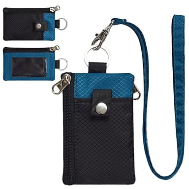 CHENSPRX Minimalist RFID Blocking Small Wallet with ID Window,WaterResistant Zip Id Case Wallet with Lanyard Keychain for Cards,Cash,Travel,Women,Men (Black+ElectricBlue)
