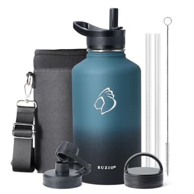 BUZIO 64 oz Water Bottle Insulated with Straw & 3 lid and Carrying Pouch, Leak Proof Half Gallon Stainless Steel Water Flask Jug, Cold for 48 Hrs Double Vacuum Thermo Canteen, BPA-Free, Indigo Crush