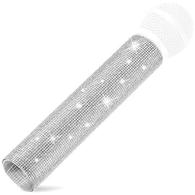 Facmogu Mic Not Include Rhinestones Microphone Sleeve, Crystal Wireless Mic Cover Sleeve, Sparkly Bling Decor Cover, Pretend Glitter Bedazzled Sleeves for Disco Stage Party & TV Show - Silver
