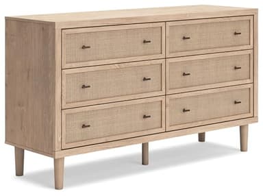 Signature Design by Ashley Cielden Coastal 6-Drawer Dresser, Bronze-Tone Knobs, Safety Stop, Textured Cane Details, 62.01" W x 19.65" D x 35.67" H, Light Brown