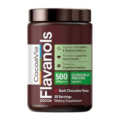 CocoaVia Cocoa Flavanols 500mg – Heart and Brain Support, High Flavanol Cocoa Powder, Boosts Nitric Oxide, Blood Circulation and Memory, Preworkout, Vegan, Gluten-Free, Dark Chocolate, 30-Day