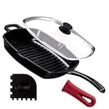 Cuisinel Cast Iron Square Grill Pan + Glass Lid + Pan Scraper + Handle Cover - 10.5" Pre-Seasoned Ridged Skillet - Grill, Stovetop, Fire, Indoor/Outdoor Use - for Grilling, Frying, Sauteing
