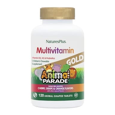 NaturesPlus Animal Parade Gold Children's Multivitamin - Assorted Cherry, Orange & Grape Flavors - 120 Chewable Animal-Shaped Tablets - Vegetarian, Gluten Free - 60 Servings