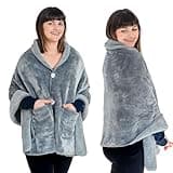 EzrAllora Premium Double Layer Poncho Blanket -No Sleeves Easy On Easy Off- Drape and Go Blanket Shawl Gift for Women Who Have Everything - Gifts for Grandma and Mom (Silver Grey)