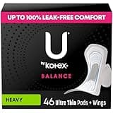U by Kotex Balance Ultra Thin Pads with Wings, Heavy Absorbency, 46 Count (Packaging May Vary)