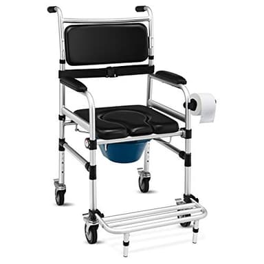 Giantex 3 in 1 Lightweight Shower Commode, Transport Bedside Commode with Wheels, Adjustable Height and Pedal, Shower Wheelchair for Elder, Disabled People (Black)