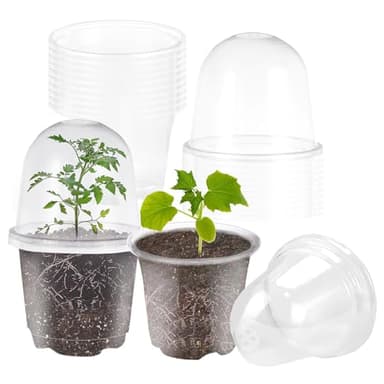 JOPY 4 Inch Plastic Nursery Pots with Humidity Dome for Plants Clear Seed Starter Pots Seedlings Planting Pots for Garden Indoor and Outdoor Small Planter Containers with Drainage Holes (10 Pack)