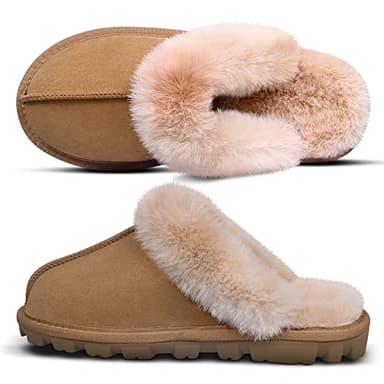 EZSURF Womens Fuzzy Plush Slippers Outdoor Indoor Faux Fur House Shoes Anti-slip Rubber Sole,Chestnut 7-8