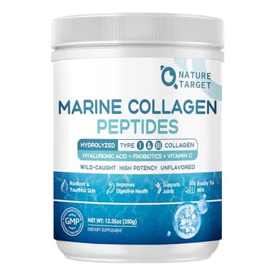 NATURE TARGET Marine Collagen Peptides Powder - Type I & III Collagen with Probiotics, Vitamin C & Hyaluronic Acid for Skin, Hair, Nails, Wild-Caught Fish & Grass-Fed Bovine, 35 Servings