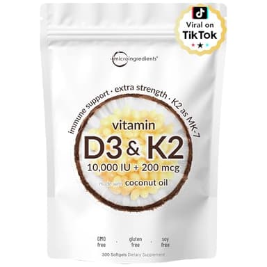 Micro Ingredients Vitamin D3 10,000 IU + K2 MK-7 200 mcg, 300 Softgels with Virgin Coconut Oil | 2-in-1 Vitamins D & K Complex | Extra Strength, Easy to Swallow, Non-GMO, Gluten Free