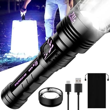 SKYFIRE Rechargeable Flashlights High Lumens: Super Bright LED Tactical Flashlight 3000lm Zoomable 5 Modes Waterproof 2*5000mAh Powerful Flash Light for Camping, Emergency, Gift (with Ignition Lens)