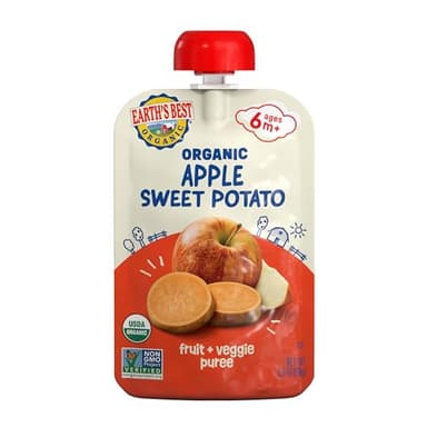 Earth's Best Organic Baby Food Pouches, Stage 2 Fruit and Vegetable Puree for Babies 6 Months and Older, Organic Sweet Potato and Apple Puree, 3.5 oz Resealable Pouch (Packaging May Vary)
