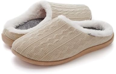 WHITIN Women Cozy Fuzzy Knitted Slipper Slip On House Bedroom Shoes with Orthotic Arch Support Size 7 Warm Plantar Fasciitis Ladies Clogs Khaki 37