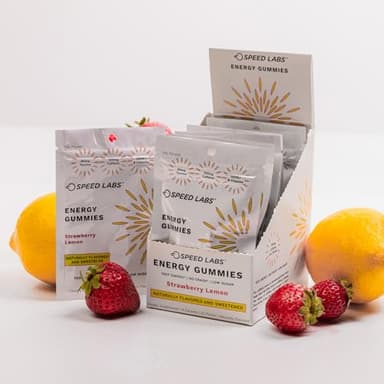 Speed Labs Caffeine Energy Gummies Strawberry Lemon Natural, 25mg Caffeine, Taurine, B-Vitamins per Piece, Vegan, Gluten Free, 1g Added Sugar (8 Packs, Strawberry Lemon)
