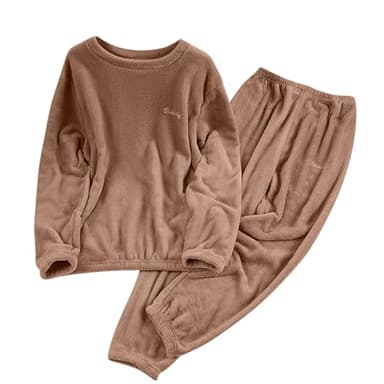 Women Fleece Pajamas Set Long Sleeve Lounging Warm Sleepwear High Elastic Crewneck Loungewear Sherpa Night Brown