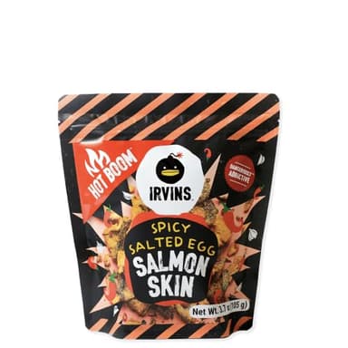 IRVINS Hot Boom Salted Egg Salmon Skin Chips & Crisps – Explosively Spicy, Premium Hand Cooked, Halal, Keto-Friendly, High Protein Snack | Dangerously Addictive | (3.3 oz / 95g)