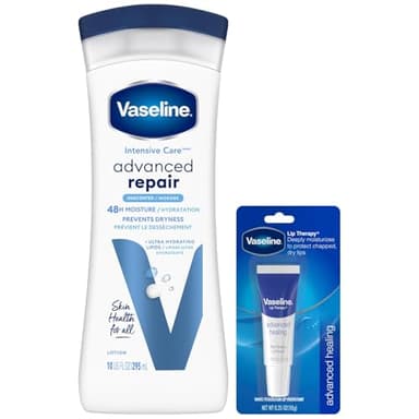 Vaseline Intensive Care Lotion, Unscented, Advanced Repair – Non-Greasy Moisturizer for Extremely Dry Skin + Professional Lip Therapy Tube