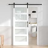 Fredbeck 32x80 White Glass Barn Door with 5.5FT 66inch Sliding Door Hardware Kit Included & Handle,PVC Surface,Water-Proof,Easy to Assembly,Fit 29in-31in Opening