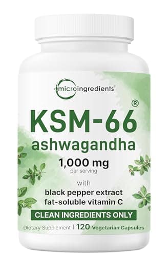 KSM-66 Ashwagandha 1,000mg Per Serving | 120 Veggie Capsules with Black Pepper for Better Absorption & Fat Soluble Vitamin C | Potent Root Extract | Stress, Relaxation, & Sleep Support | Filler Free