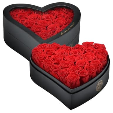 HERBMOTG 27 Forever Real Roses in Heart-Shaped Box with a Curved Design, Grade A Quality-Preserved Roses for Birthday, Mothers Day & Valentines Day (Red)