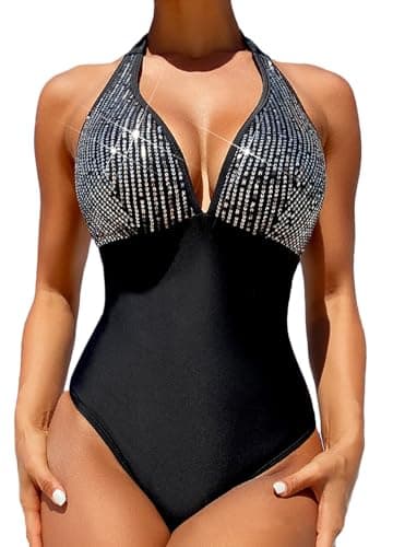 JOLISSLAN Women's Shiny Sequin Swimsuit Halter Backless One Piece Swimsuit Tummy Control Full Bathing Suit, Black/M