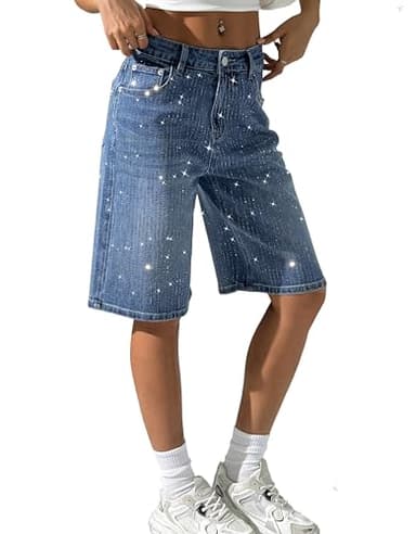 heipeiwa Women's Rhinestone Bermuda Shorts Jean Denim Shorts Knee Length Sparkle Shiny Sequin Glitter Party Y2K Outfits