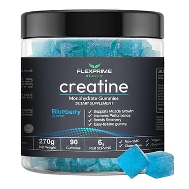 FlexPrime - Creatine Monohydrate 6g, L-Taurine Gummies | Vegan, Halal, Sugar-Free, Gluten-Free, Non-GMO | Men/Women | Lean Muscle Growth, Increase Strength, Improve Brain Health | Blueberry-90 Count