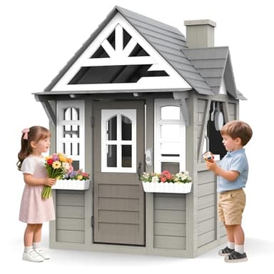 BTMWAY Kids Outdoor Playhouse,Cedar Gray Wooden Play House for Kids Ages 3-8, with Play Kitchen, Interactive Doorbell, Toy Phone, Sink, Flowerpot