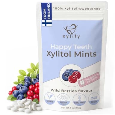 Xylitol Mints for Oral Care - Wild Berries flavor, 100% Xylitol sweetened, Sugar Free Candy, Happy Teeth dental mints from Finland. 5oz - 245 mints