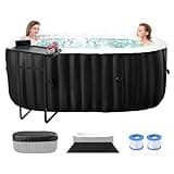 2 Person Inflatable Hot Tub, Oval Portable Hot Tub, Leak-Proof Blow up Hot Tub with 100 Air Jets, PVC Outdoor Spa with Insulated Cover & Heater Pump, 75” L X 47”W X 25”H