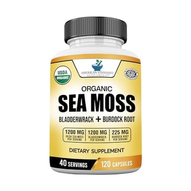 American Standard Supplements Organic Sea Moss, Bladderwrack & Burdock Root Capsules - 1200mg Seamoss, 1200mg Bladderwrack, 225mg Burdock Root Per Serving - 120 Capsules, 40 Servings