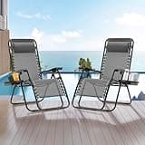 Zero Gravity Chair Set of 2, Folding Reclining zero gravity recliner lounge Chair 330lbs with Pillow and Cup Holder Trays, Steel Mesh outdoor recliners for patio Poolside Backyard Beach (Ice Gray)